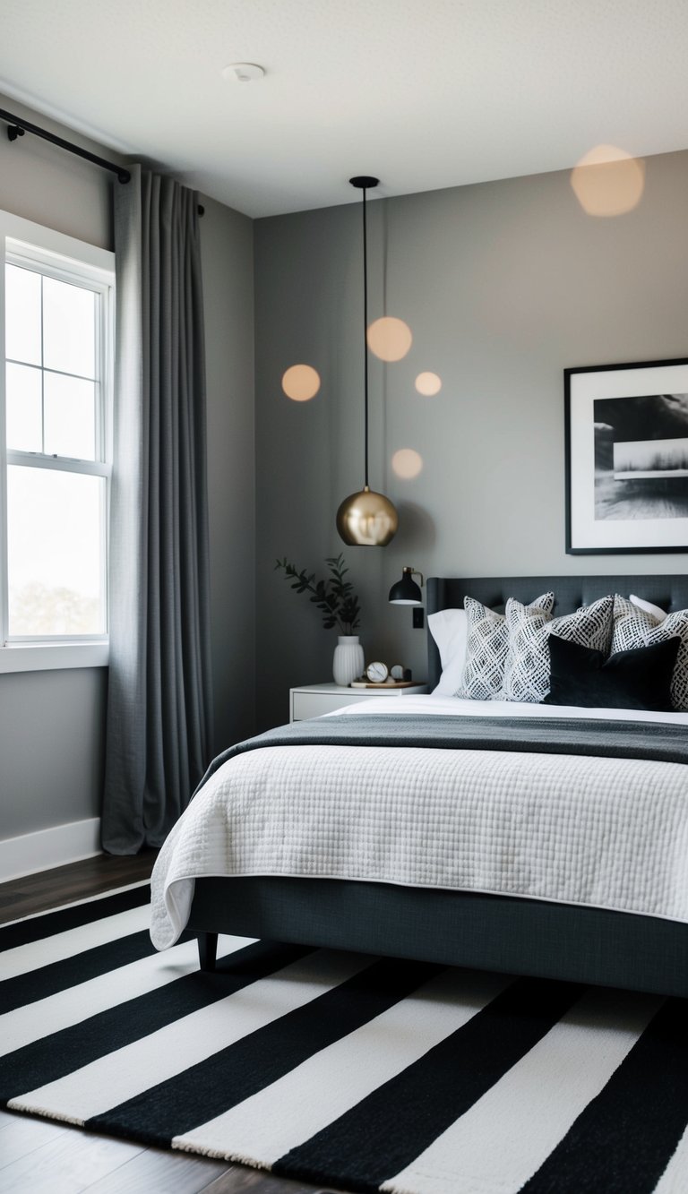 A cozy bedroom with a bold black and white striped rug, complemented by gray accents and modern decor