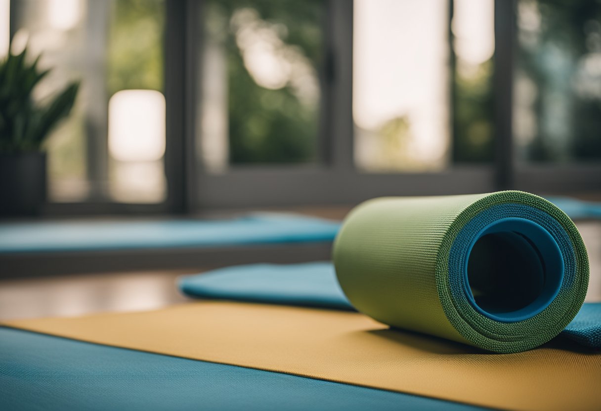 A foam roller sits on a yoga mat next to a water bottle and towel, post-workout