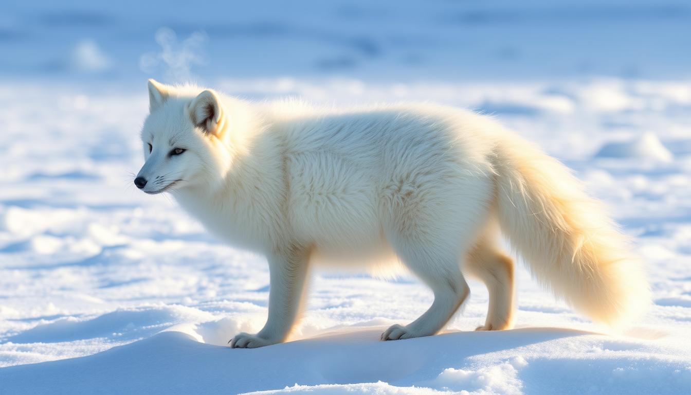 An Arctic fox in its white winter coat standing on snow