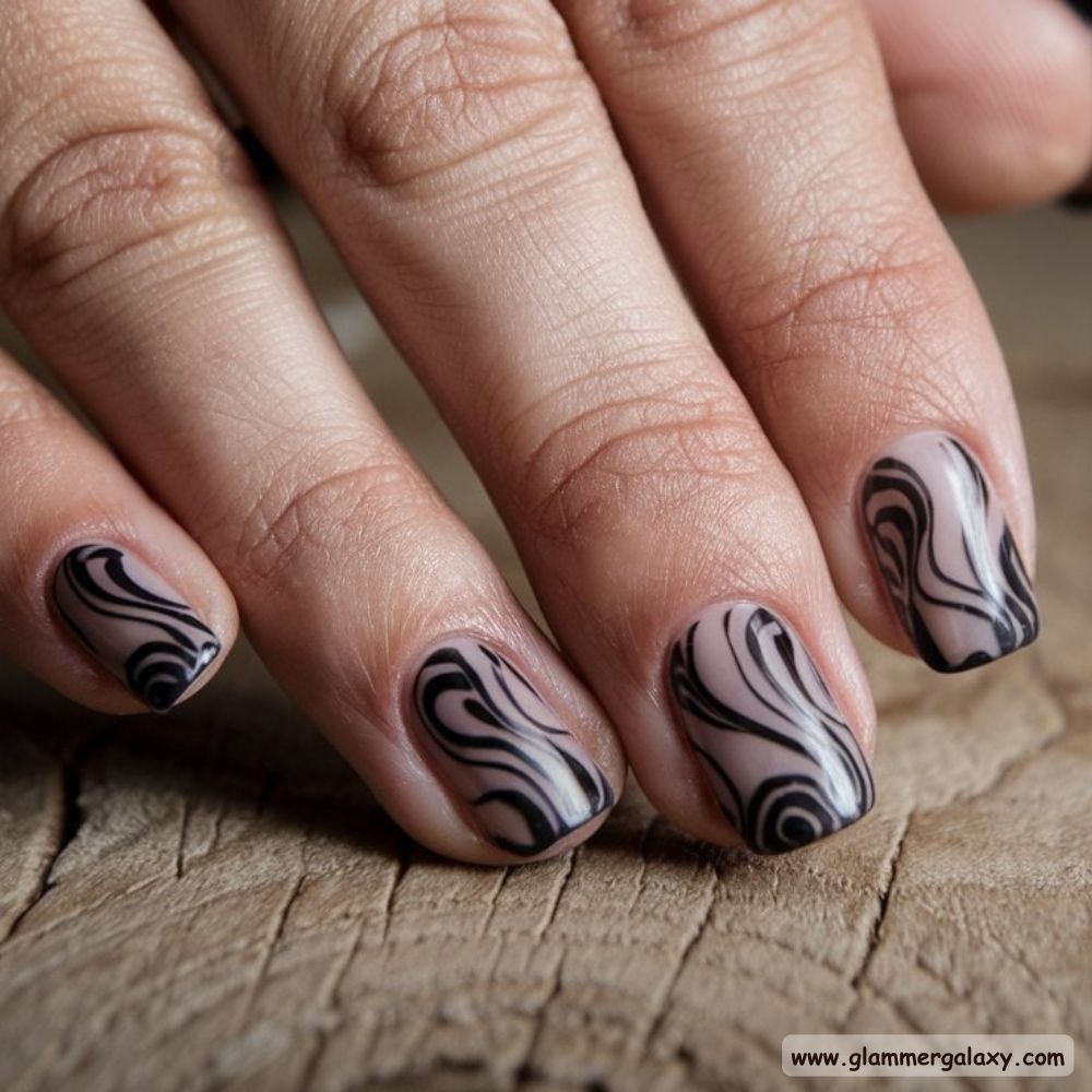 Black Fall Nails having Swirl Designs