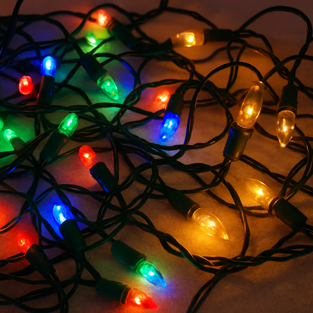An array of colorful LED and warm incandescent Christmas lights