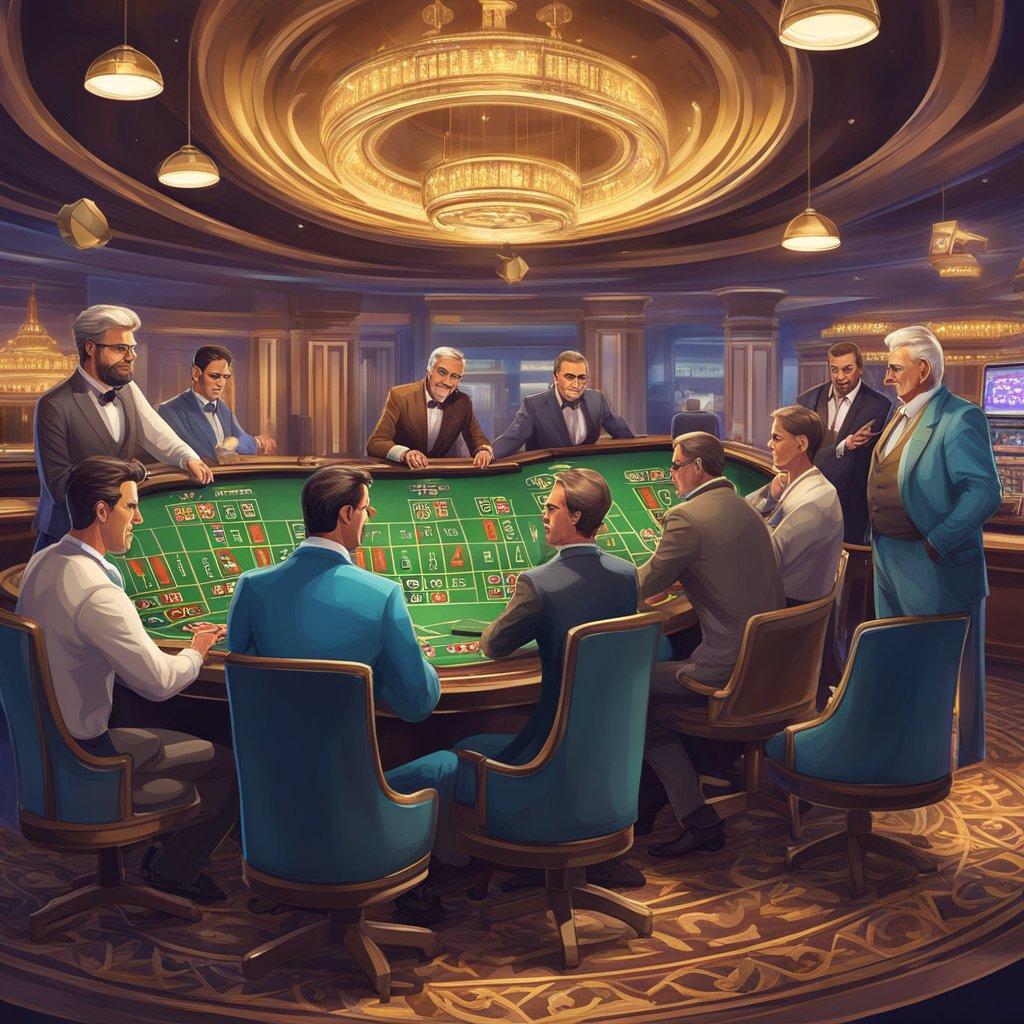 A group of authoritative figures overseeing an online casino, ensuring player protection and responsible gambling