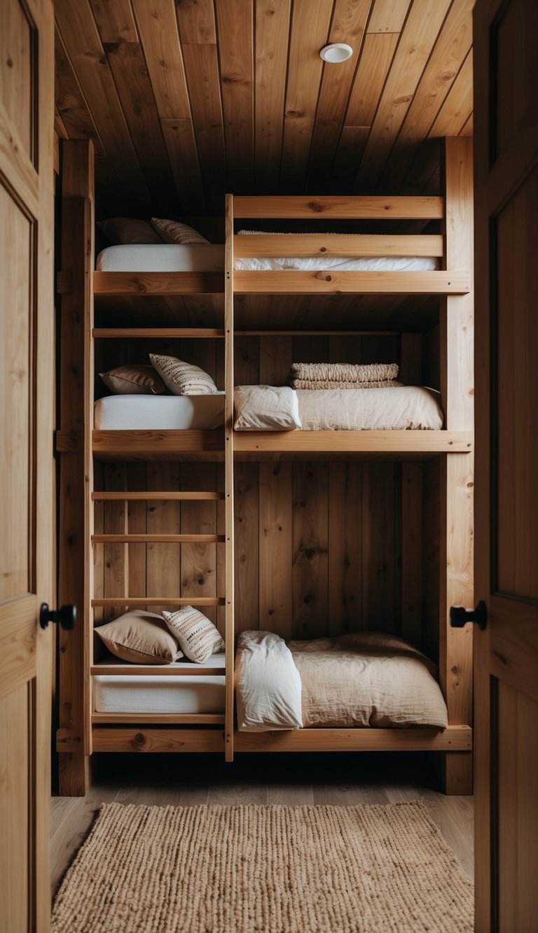 Two-tiered treehouse bunk beds in a cozy, rustic bunk room with wood-paneled walls and soft, earthy-toned bedding