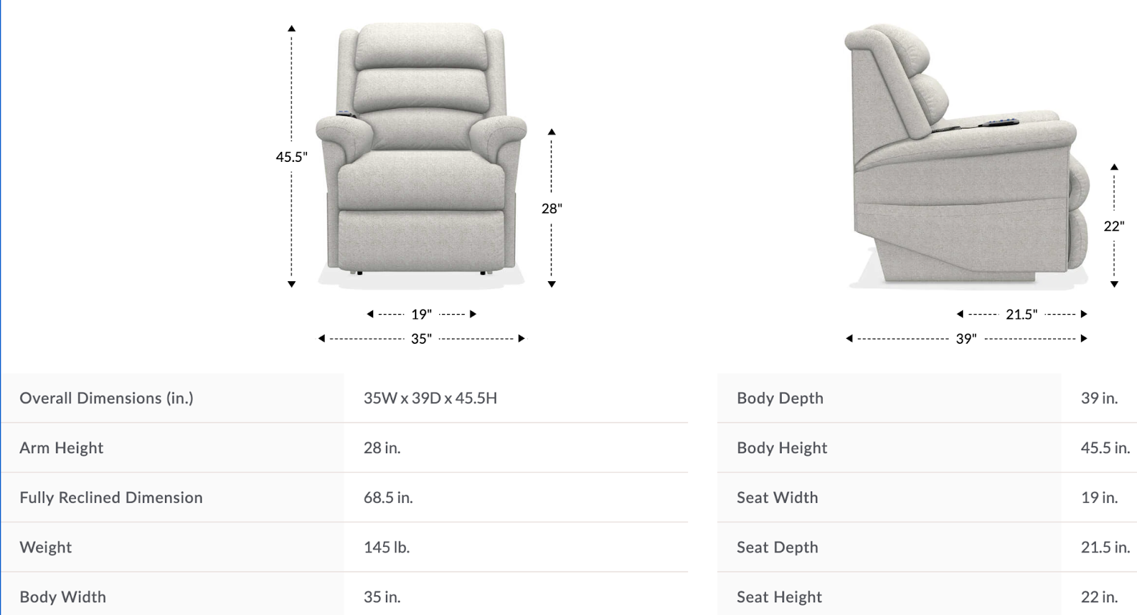 astor platinum power lift recliner size and dimensions