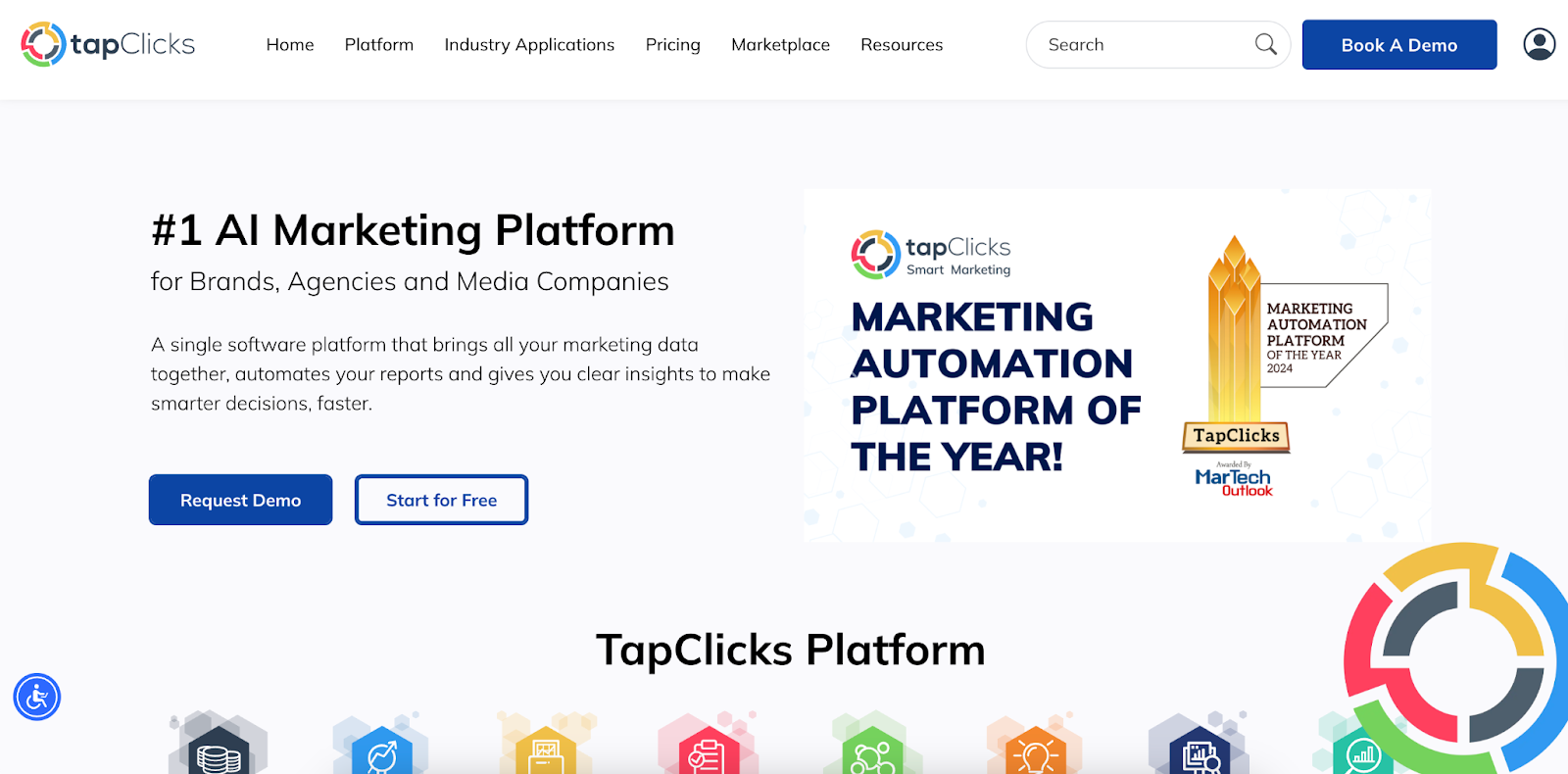 TapClicks marketing analytics platform homepage showcasing automated reporting, data visualization, and campaign management for marketing agencies and enterprise teams.