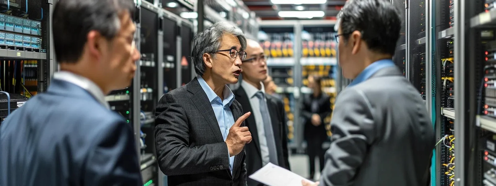 a group of business professionals negotiating with a distributor in a modern office boardroom, surrounded by shelves of server equipment, showcasing the strategy of bulk purchasing for obtaining the best discounts.