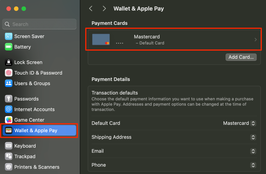 Steps to delete a payment card on a Mac