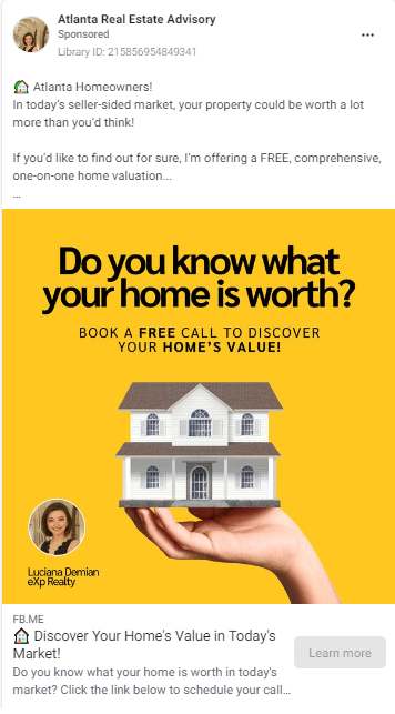 Facebook ads for lead generation real estate example: Home value estimator ad