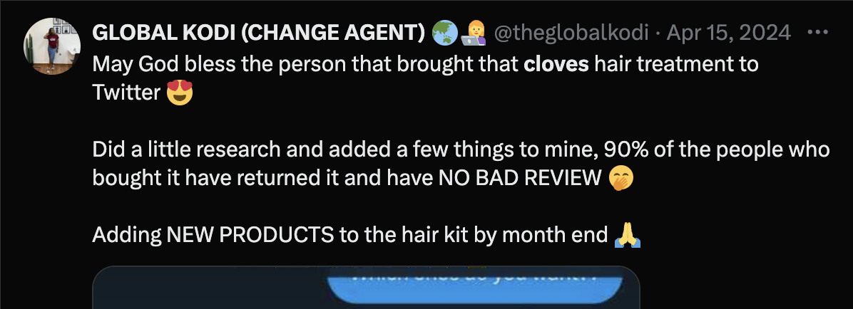 A review of what cloves does to a user's hair.