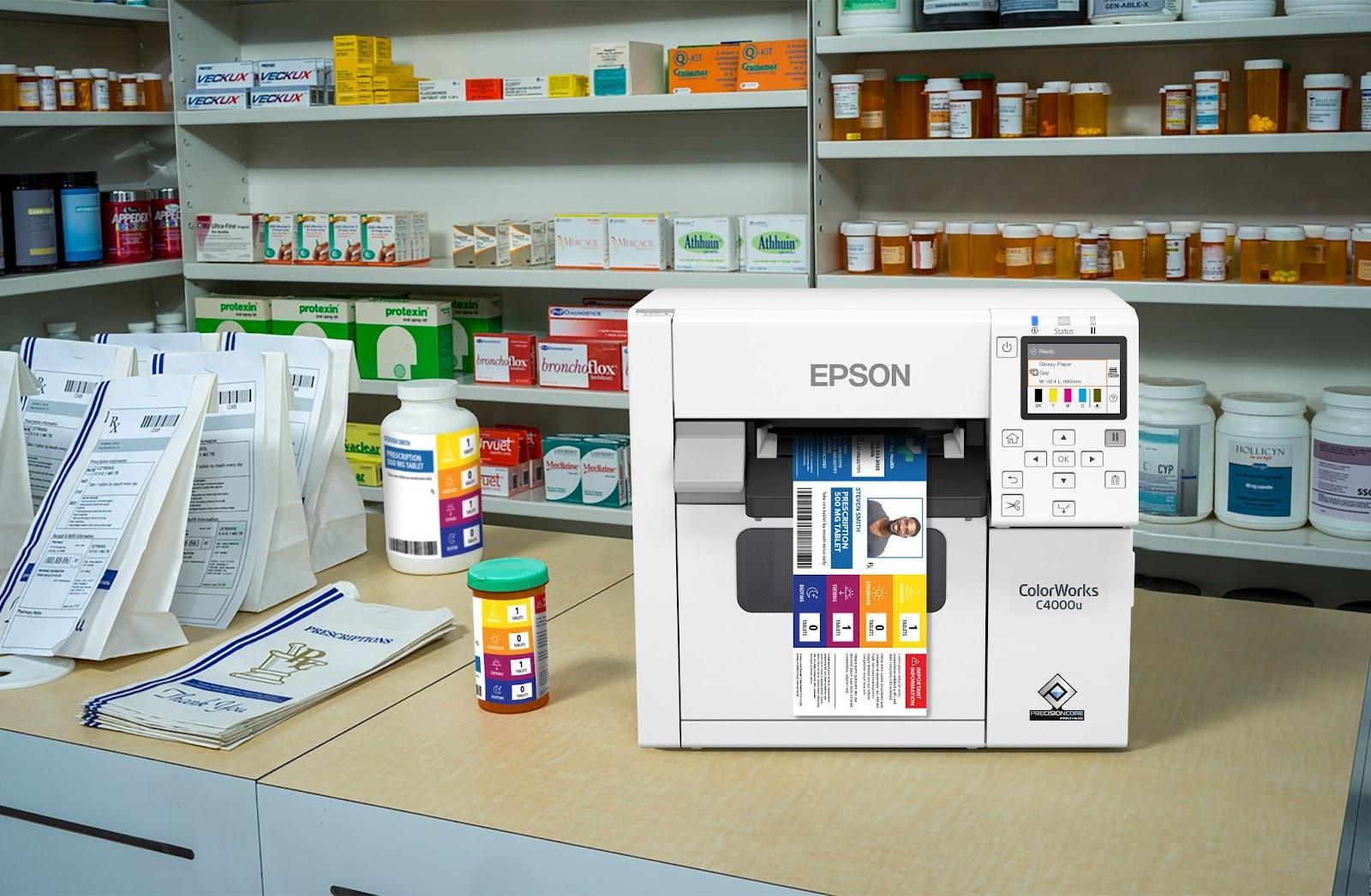 Epson ColorWorks C4000 label printer printing labels in a pharmacy