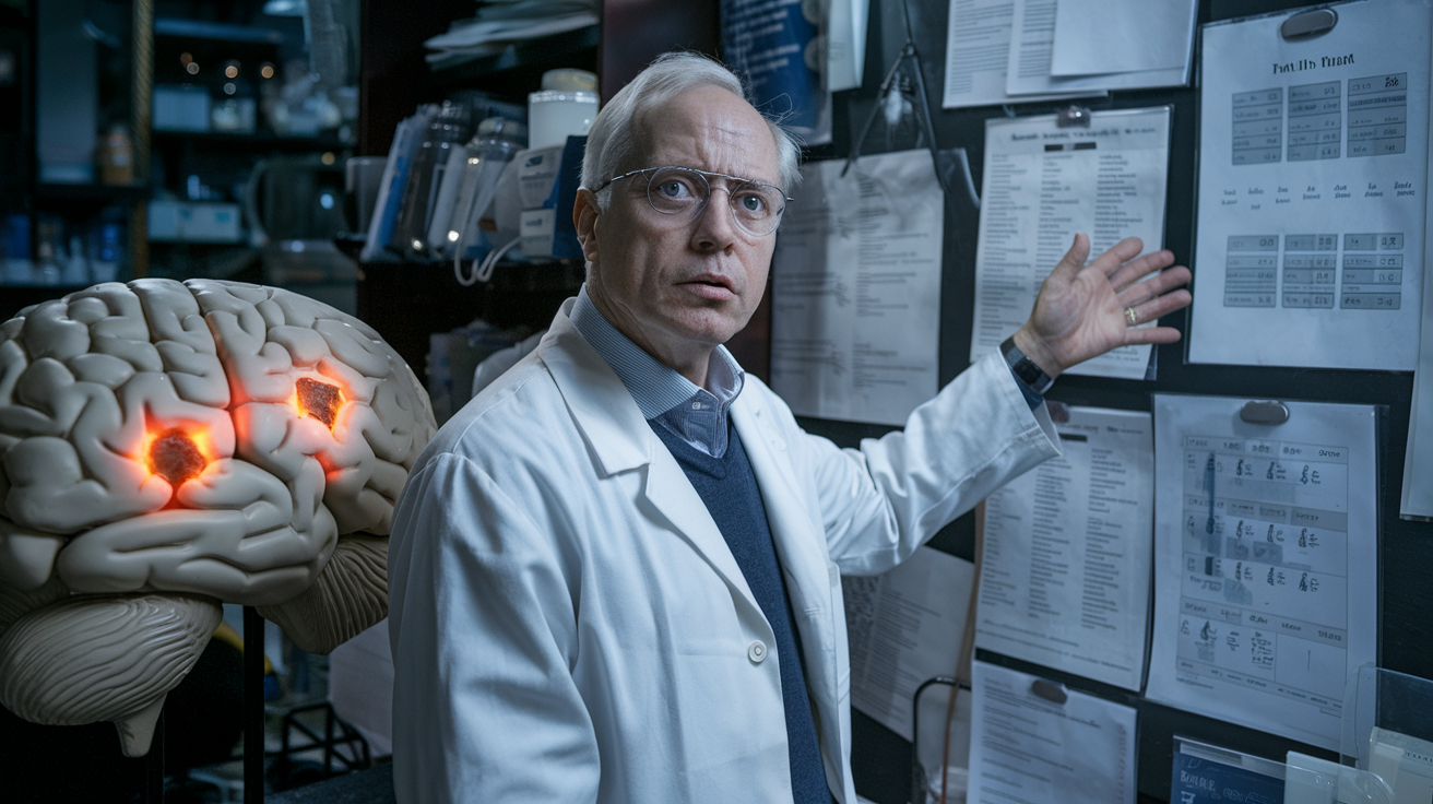 Create a realistic image of a concerned-looking white male scientist in his 60s, wearing glasses and a lab coat, standing in front of a large brain model with highlighted amyloid plaques, gesturing towards a wall of research papers and failed drug trial results, with dim lighting creating a somber atmosphere in a cluttered laboratory setting.