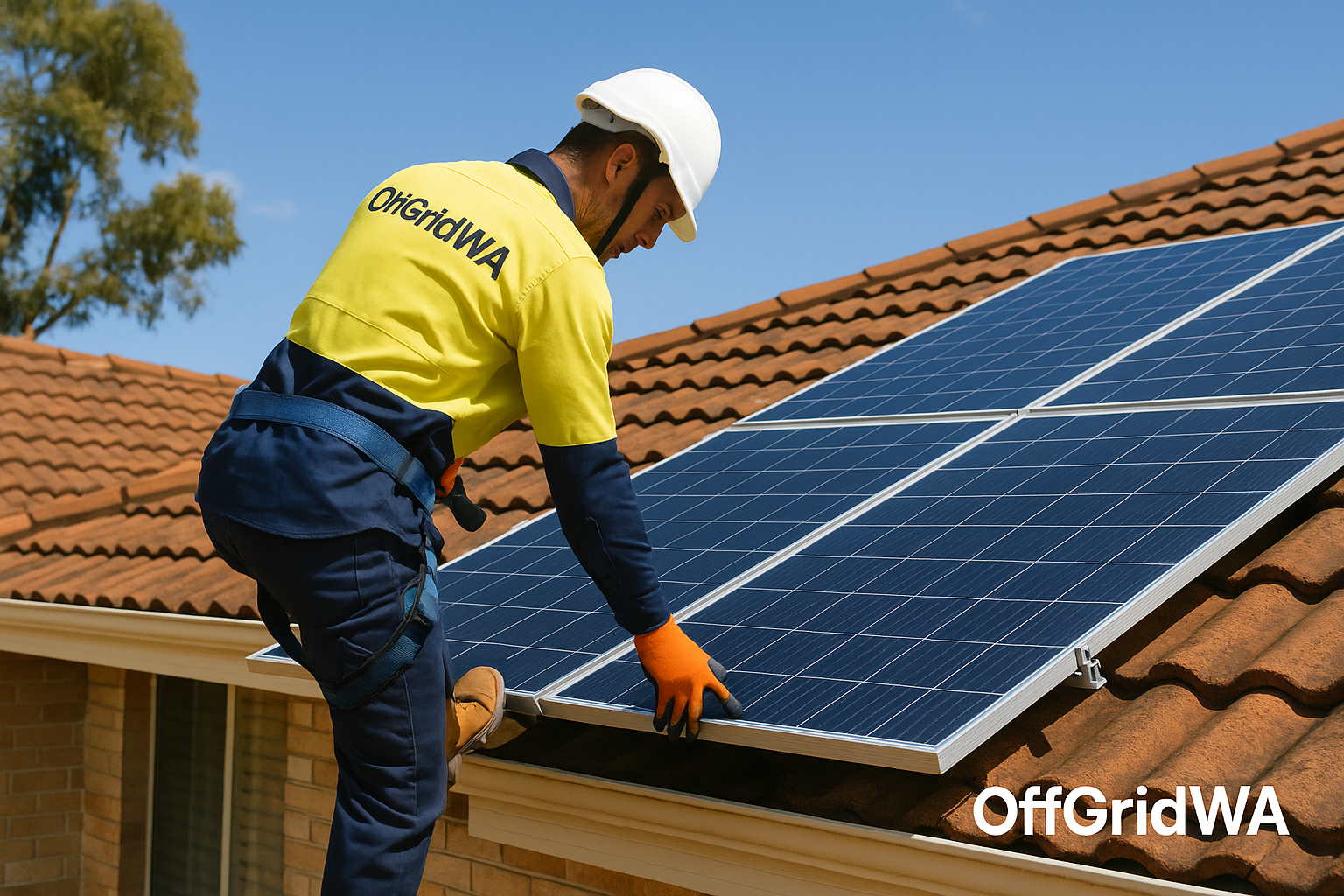 An OffGridWA technician wearing safety gear installs solar panels on a residential tiled roof in Australia under a sunny sky.