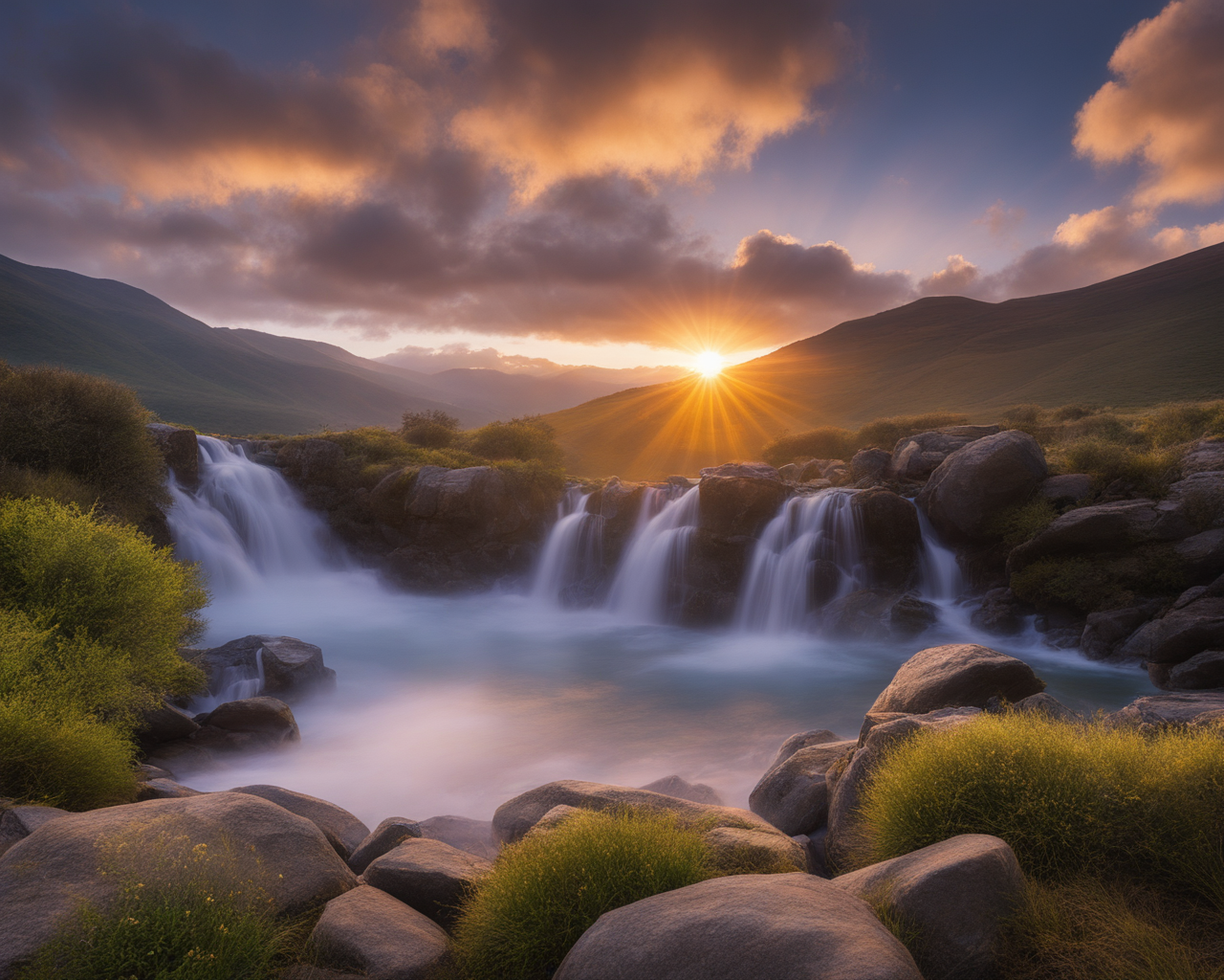 A waterfall in a valley with a sunset

AI-generated content may be incorrect.