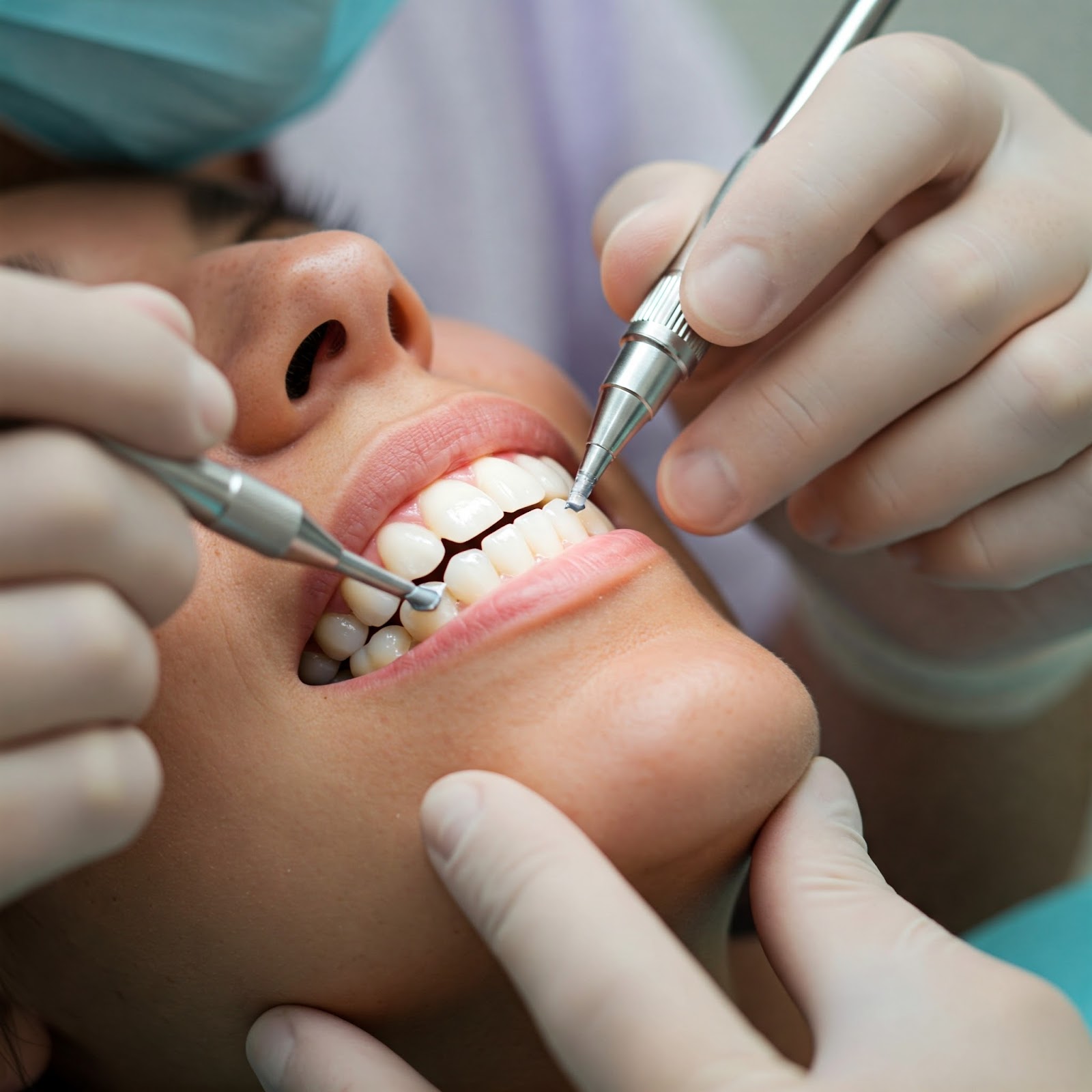 Woman having an operation done on her teeth.