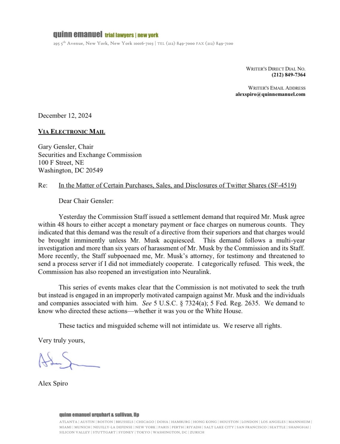 Image of the letter Elon Musk's lawyer shared in response to the SEC's legal action. 