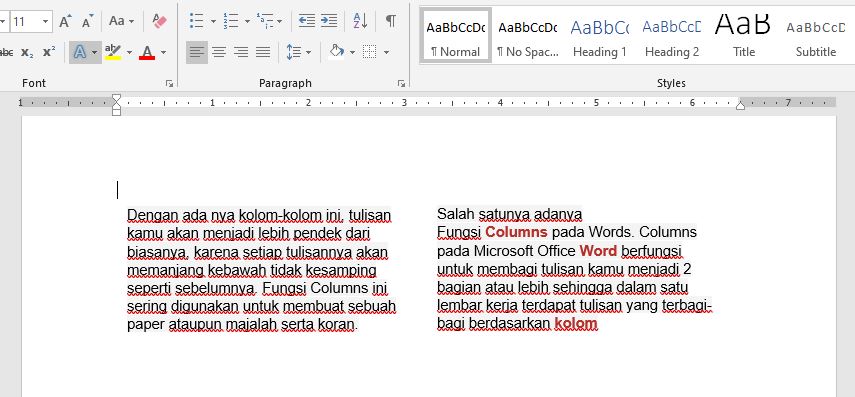 hasil akhir membuat 2 kolom di word