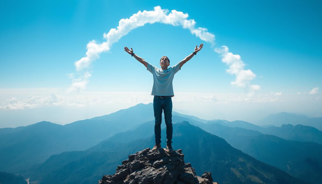 A person standing tall on a mountaintop, surrounded by blue skies with clouds forming an arch above their head. The person has their arms raised towards the sky and their eyes closed, as if in deep meditation. They exude a sense of calm and confidence, with their feet firmly planted on the ground. In the distance, there are other mountain peaks, symbolizing the endless possibilities for success and growth.