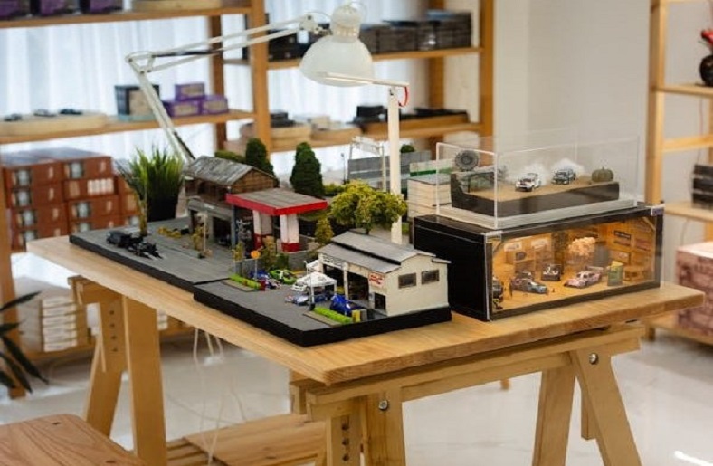 Miniature city scene on display table