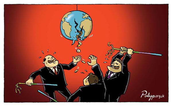 Cartoon of men in suits reaching for a globe

Description automatically generated