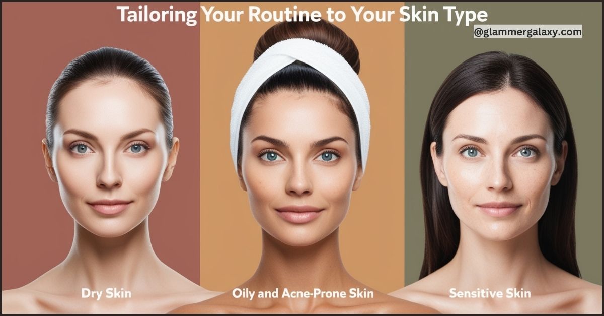 Three women demonstrating dry, oily, and sensitive skin types for skincare routine.