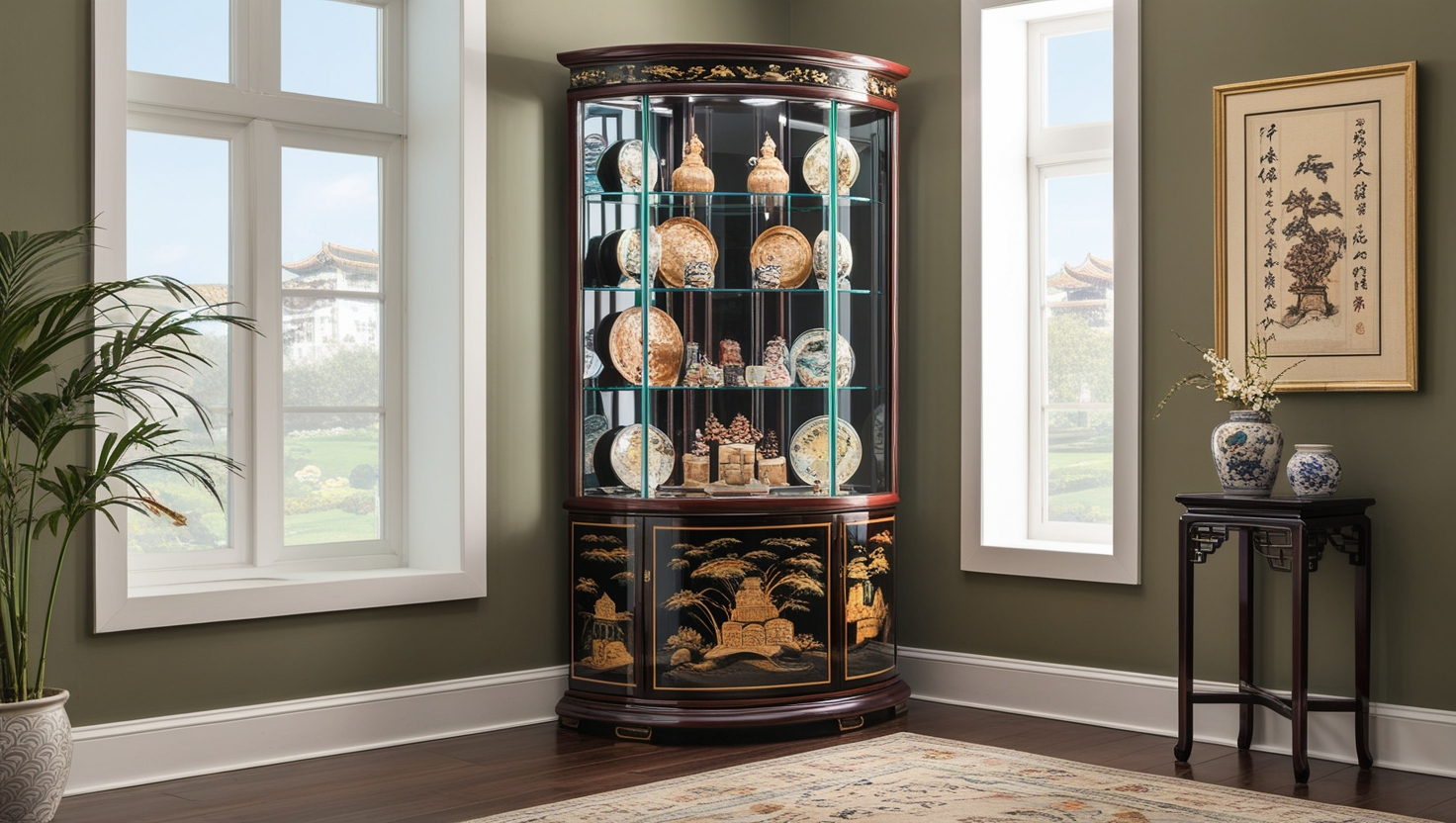 Curio Display Cabinet Oriental with Curved Glass Corner