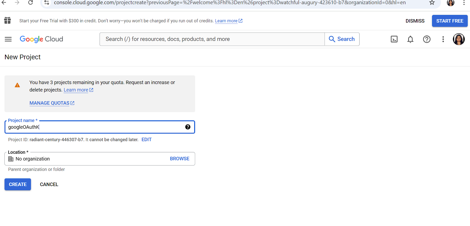 creating new project on google console