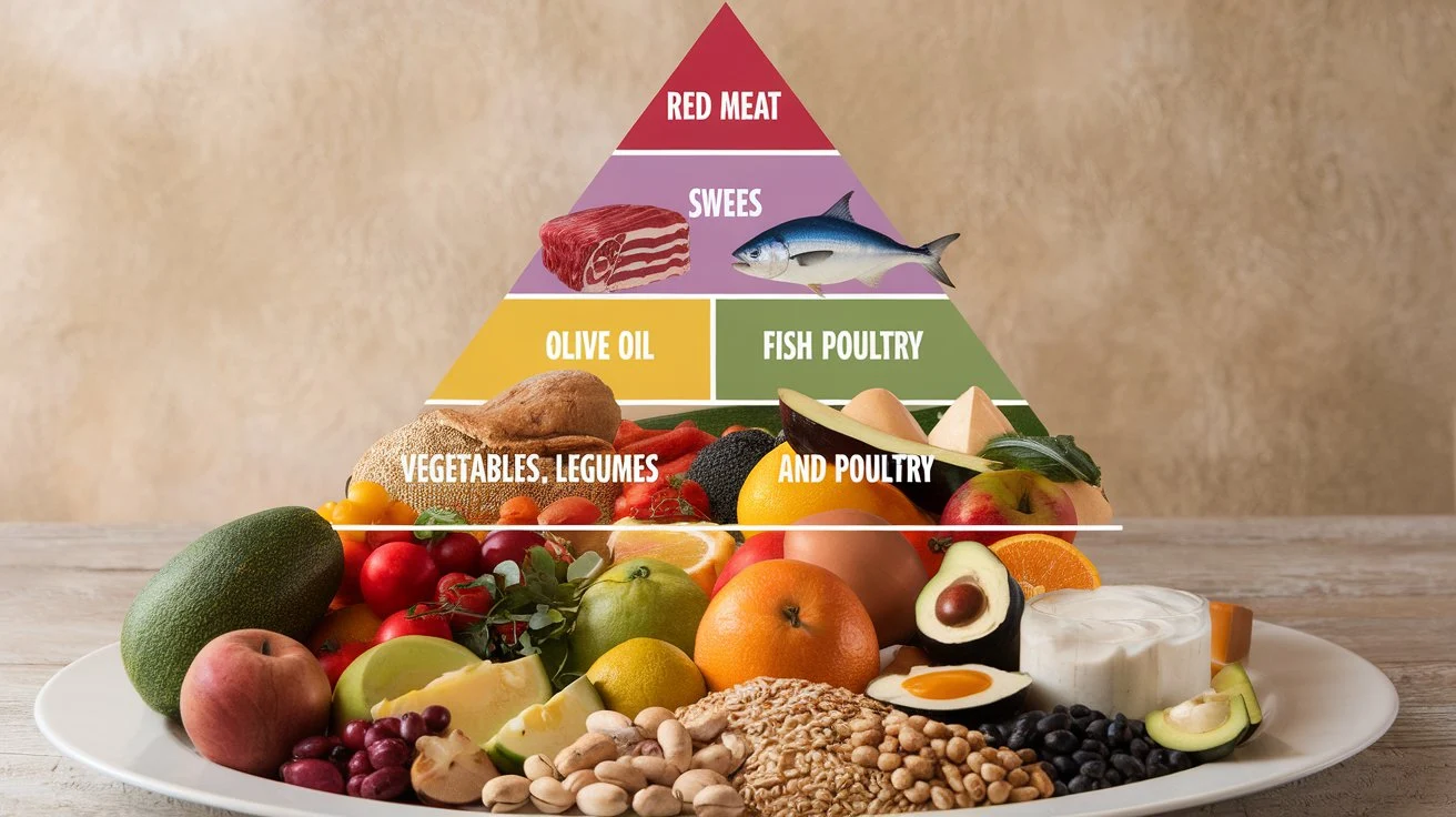 A visual representation of the Mediterranean diet pyramid, showing the recommended food groups and their proportions.