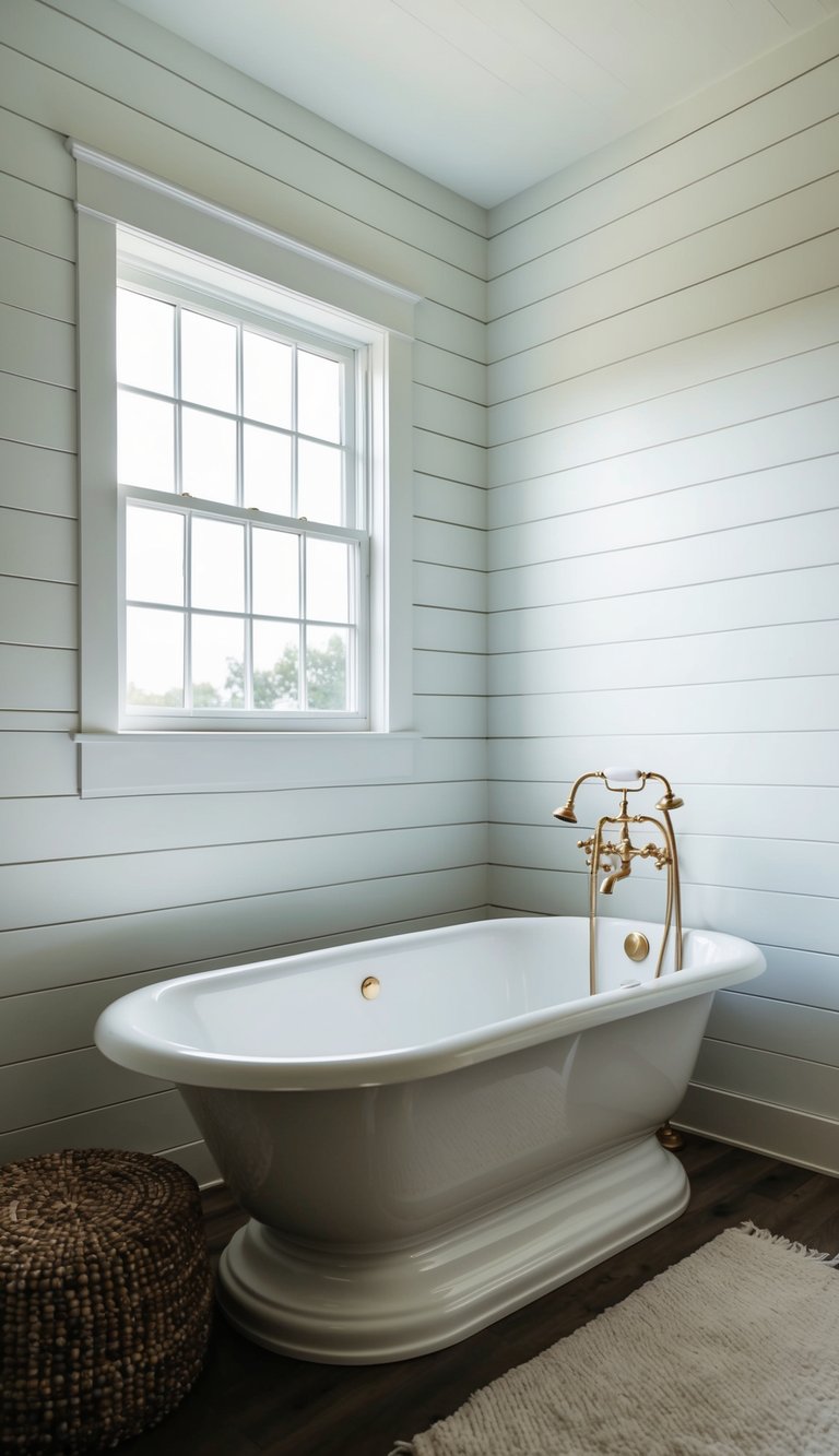 A freestanding bathtub surrounded by white shiplap walls, with a large window letting in natural light