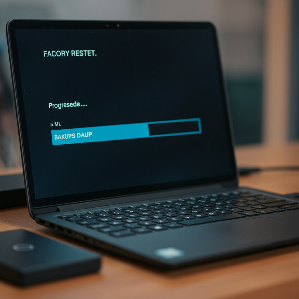 Dell laptop showing factory reset progress with a backup drive placed next to it.