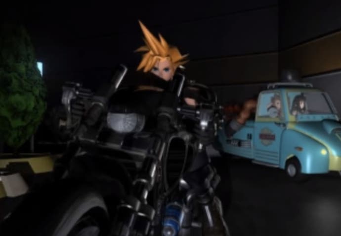 Cuplikan layar FMV Final Fantasy 7 yang memperlihatkan Cloud berambut runcing sedang mengendarai sepeda motor