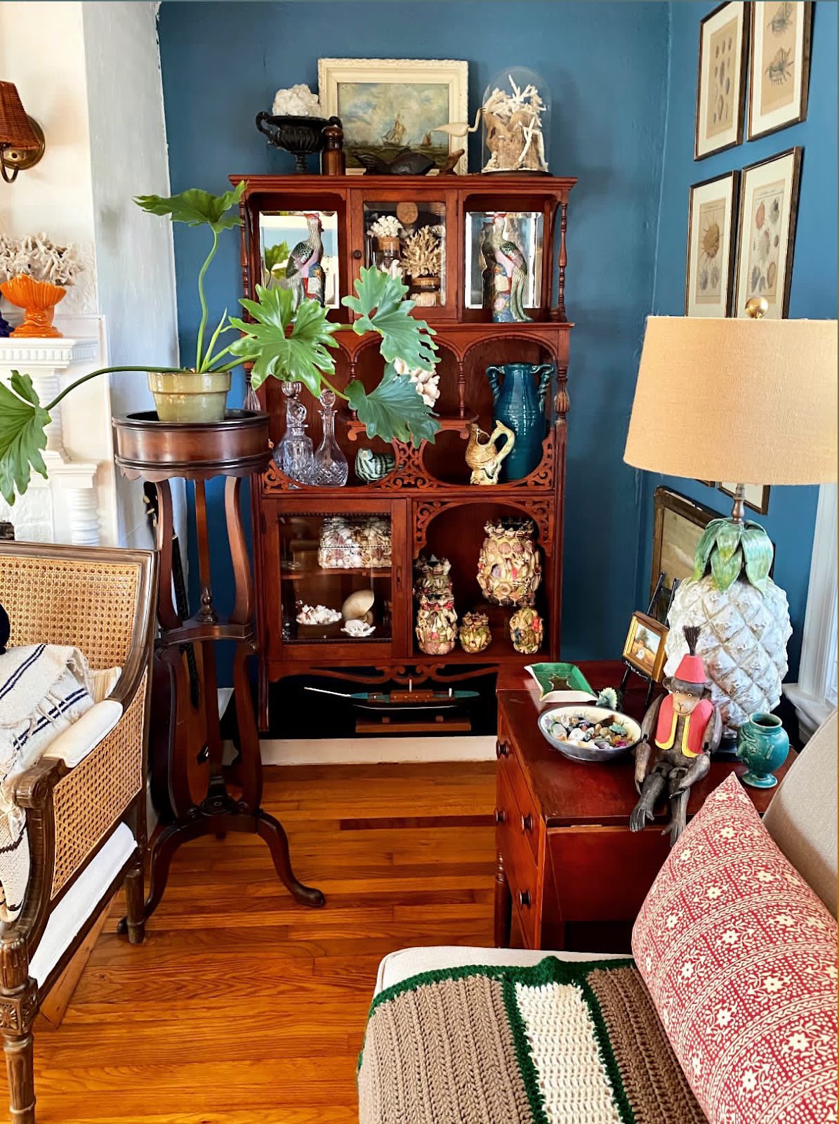 A room corner features a wooden display cabinet set against a rich blue wall behind a houseplant on a tall stand filled with various decorative items, including glassware, vases, and ceramic pieces. A side table beside the cabinet holds a lamp with a pineapple-shaped base and a small figurine.