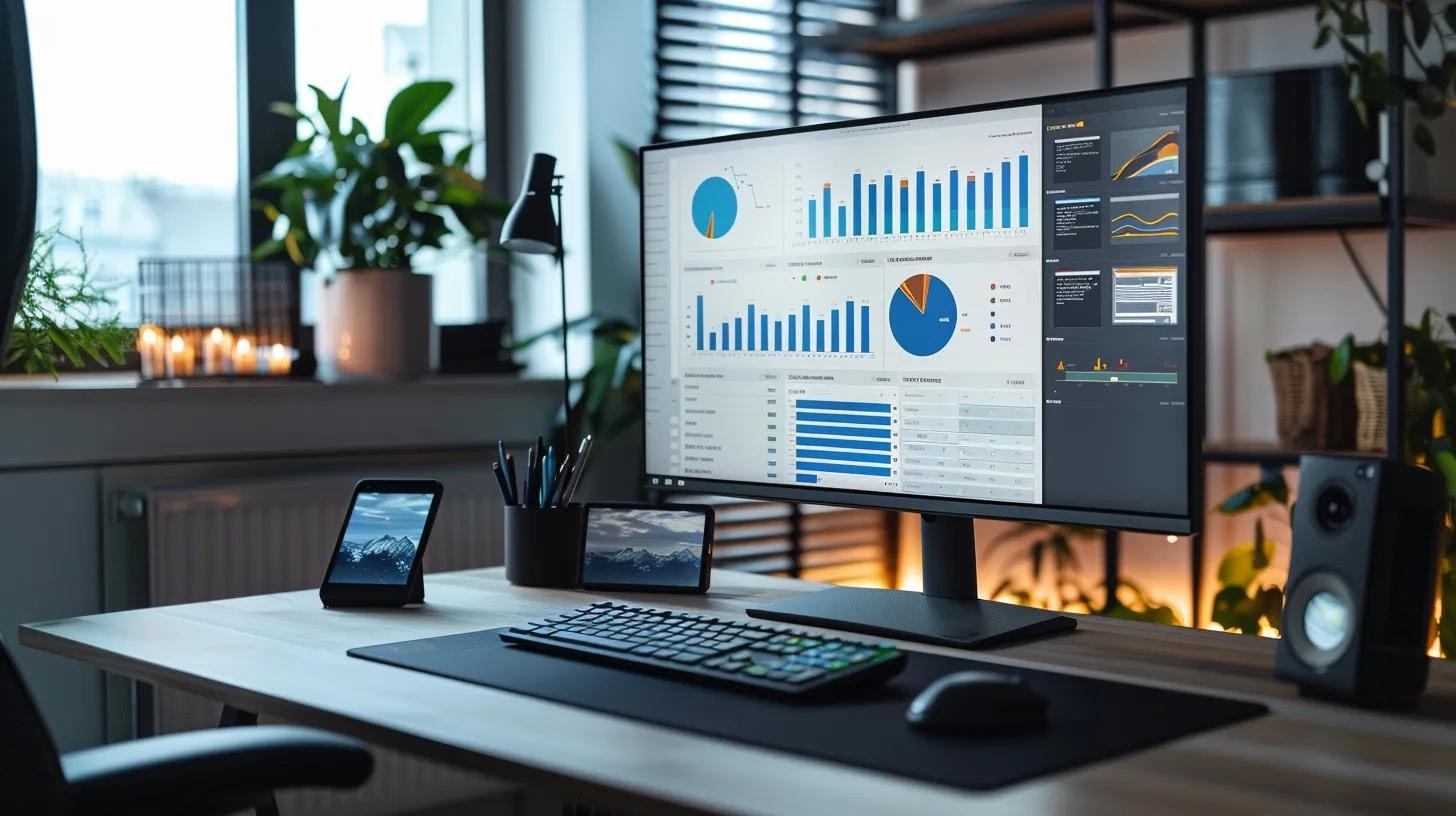 a sleek, modern office workspace features a large computer screen displaying an intuitive cms interface, with charts and analytics visibly optimising a small business website amidst a backdrop of minimalist decor and soft, focused lighting.