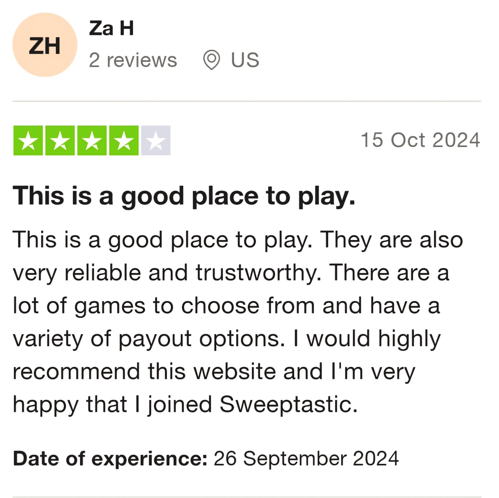 Trustpilot review of Sweeptastic casino