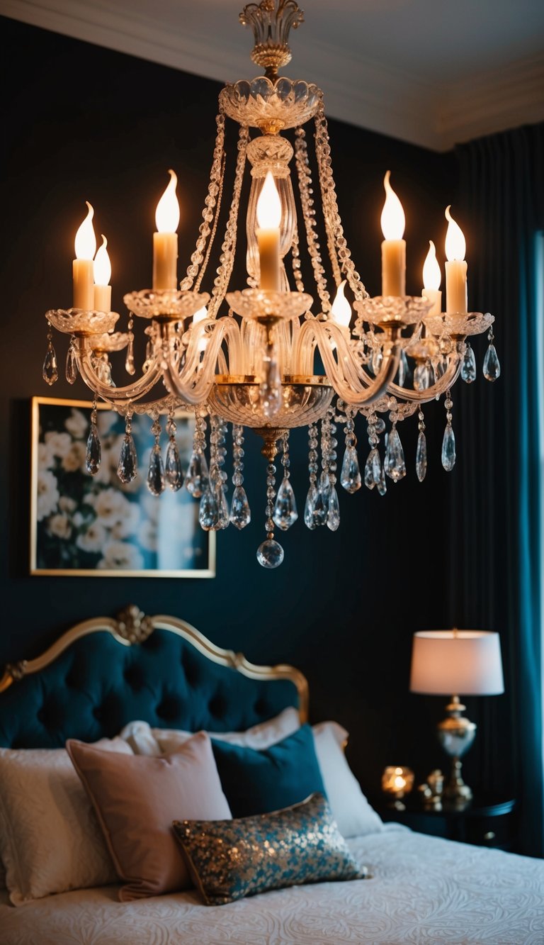 A candle-lit chandelier illuminates a dark, feminine bedroom