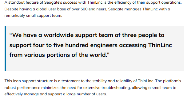 Screenshot from a ThinLinc case study on Seagate, highlighting ThinLinc's benefits, focusing on efficient support operations where a quote emphasizes a three-person team supports 400-500 engineers globally.