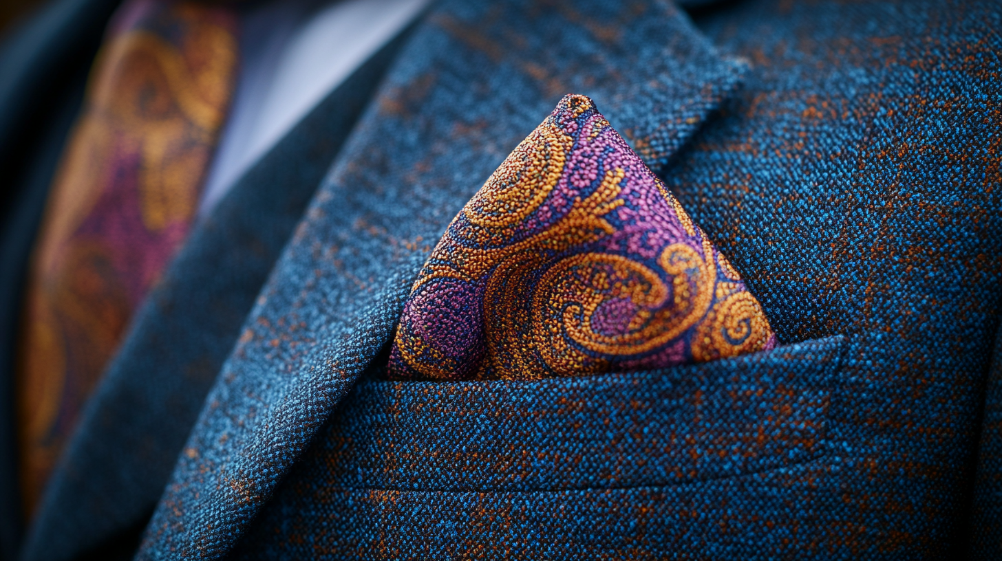 A close-up of a pocket square elegantly folded and placed in the breast pocket of a classic suit jacket. The pocket square features vibrant, intricate patterns that contrast beautifully with the neutral or dark color of the suit. The fabric textures are detailed and realistic, emphasizing the sophistication of the accessory. The lighting is soft and refined, creating a sleek and professional atmosphere