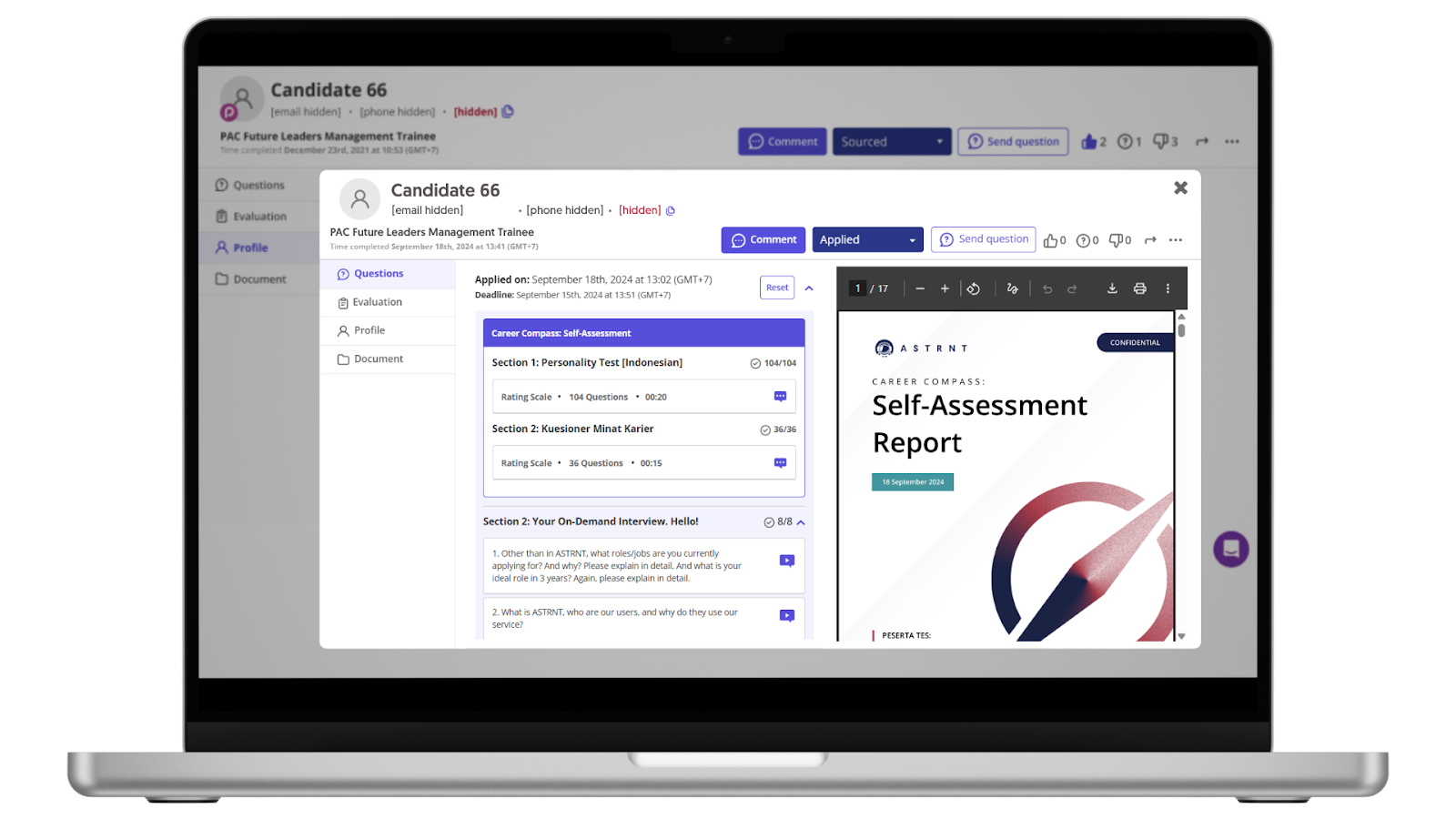 An interface displaying anonymized candidate data without personal identifiers like names or photos.