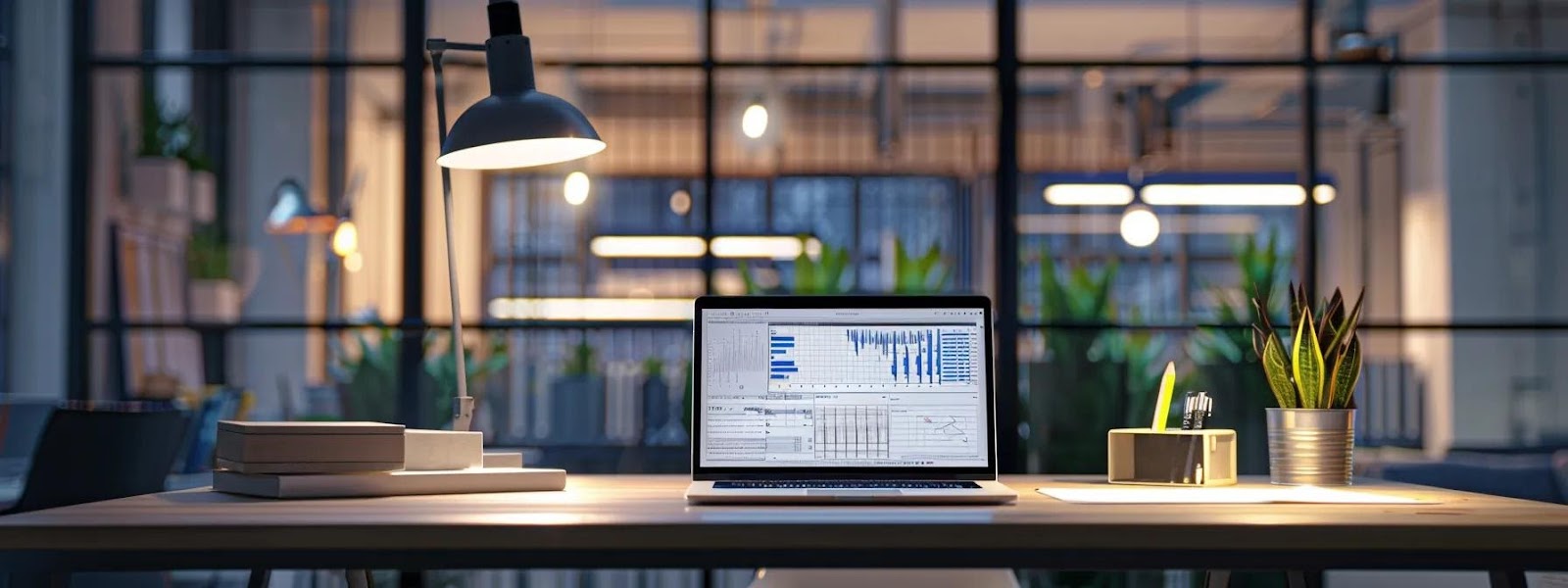 Modern workspace with laptop displaying data analytics, desk lamp, books, and potted plant, emphasizing productivity and sustainable office design.