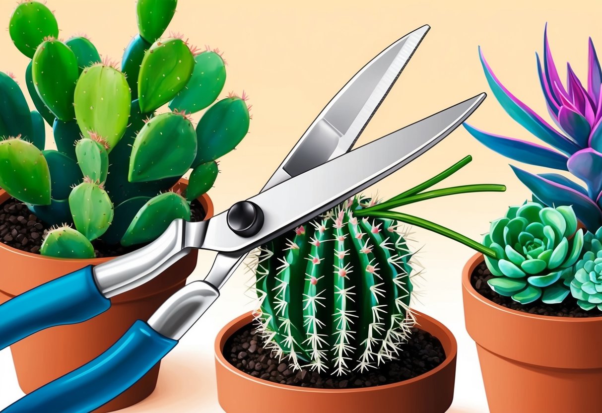 A pair of gardening shears carefully trims the delicate green stems of a Christmas cactus, surrounded by pots of other vibrant succulents