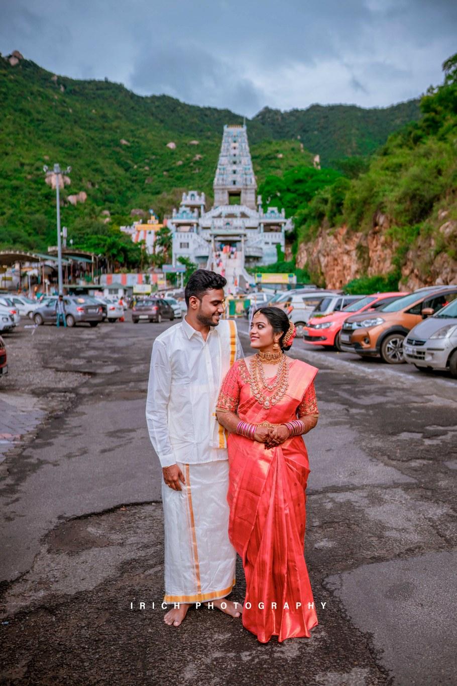 Romantic couple photoshoot at Marudamalai Temple, showcasing Coimbatore’s cultural beauty