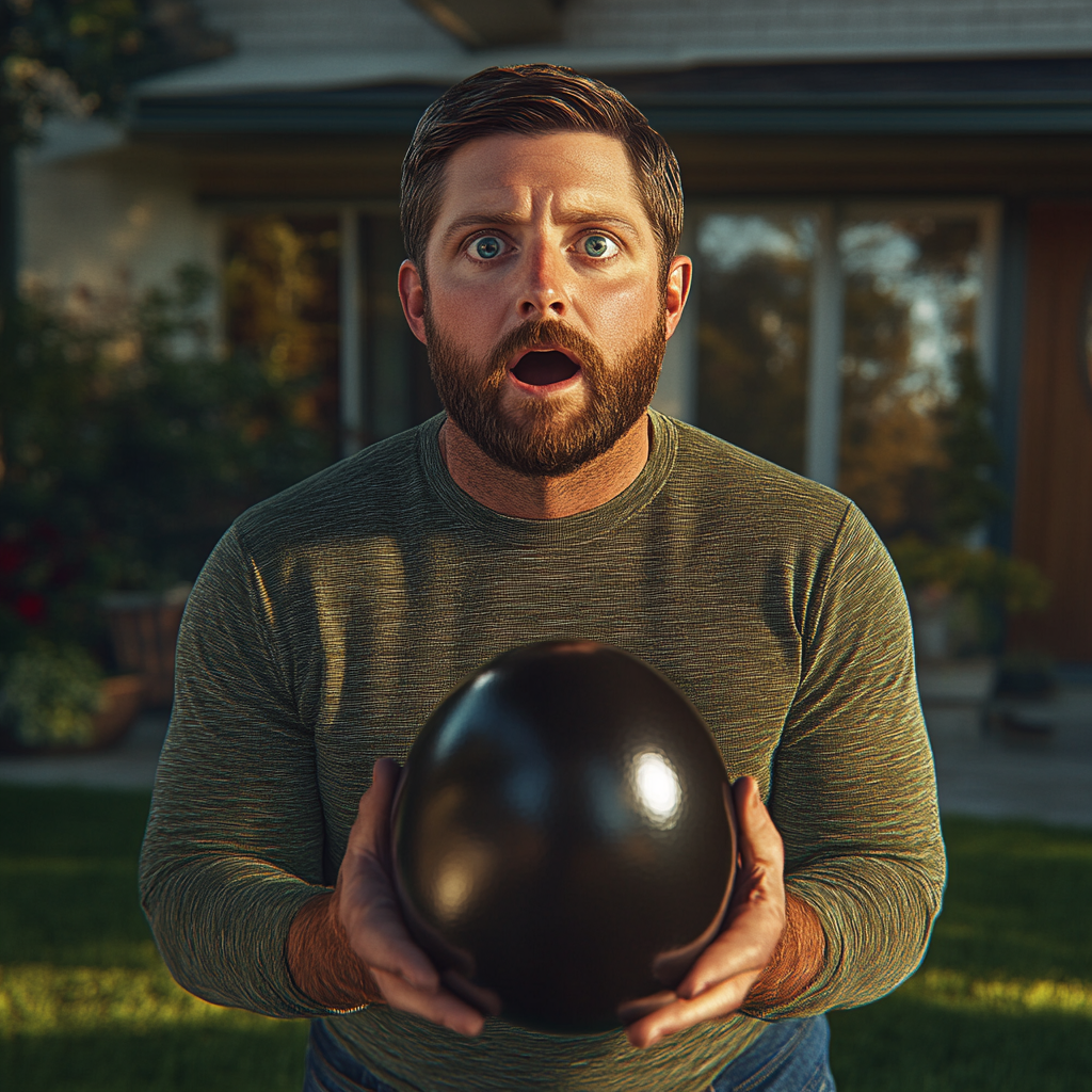 A startled man holding a big black egg | Source: Midjourney