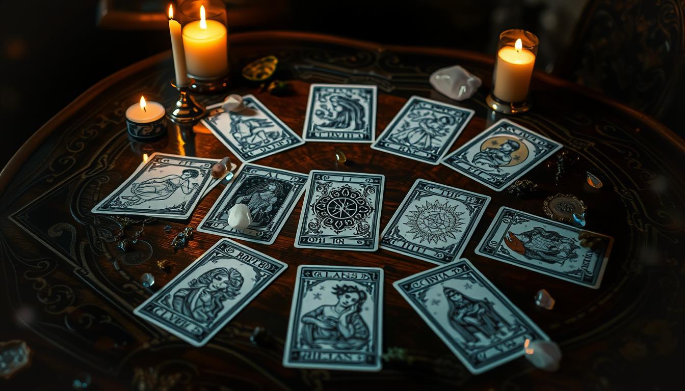 A mystical tarot card spread laid out on an ornate wooden table, illuminated by soft candlelight; each card features intricate illustrations symbolizing their meanings, surrounded by crystals and herbs, with a faint shimmering aura creating an ethereal atmosphere.