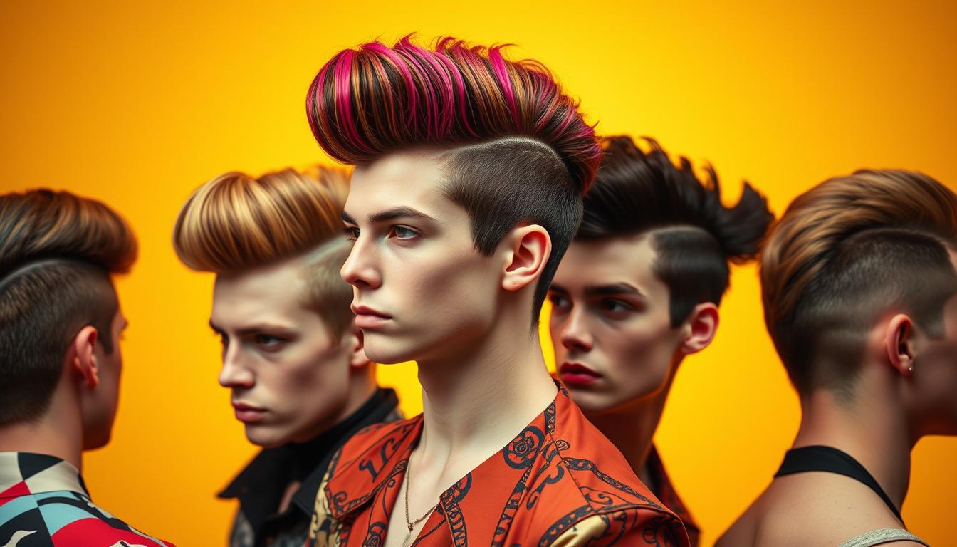 A collection of voluminous pompadours styled in various bold colors and textures, showcasing the essence of 1980s mens hair fashion, with dramatic height and sleek back sections, set against a vibrant retro backdrop highlighting the New Wave aesthetic.