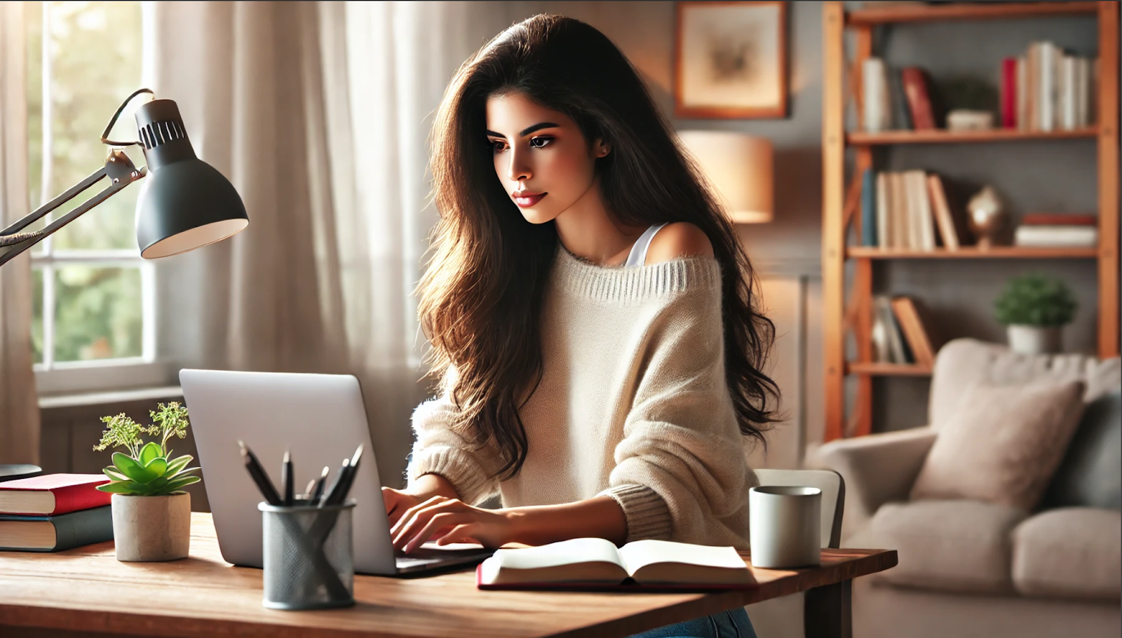 A young woman with long, wavy hair sits at a wooden desk in a cozy home office, working intently on her laptop. Natural light streams through the window, illuminating the warm and inviting space, which features bookshelves, a comfortable armchair, and soft decor. A notebook, coffee cup, and desk lamp add to the focused and productive atmosphere.