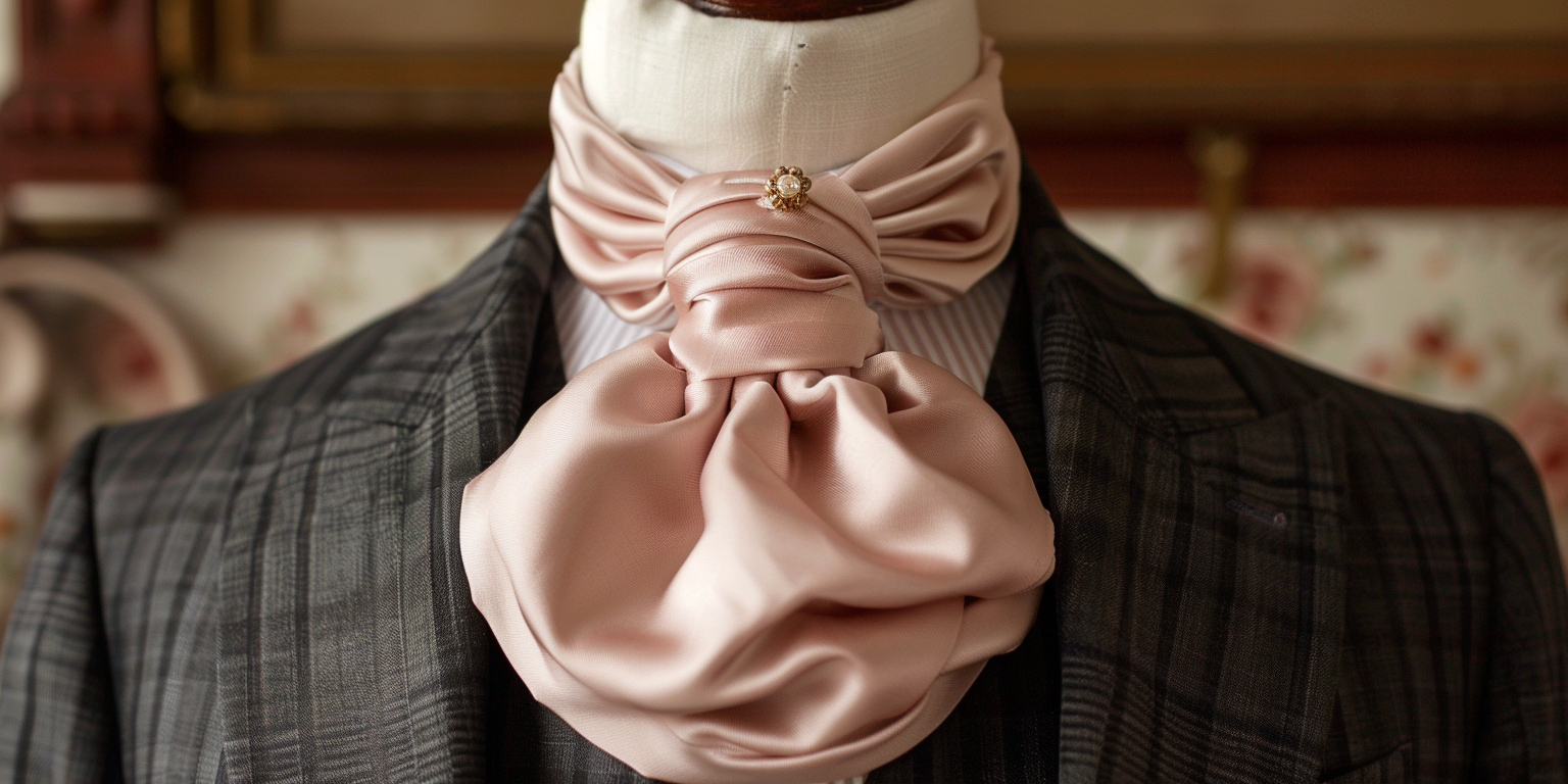 A refined ascot tie neatly folded and secured with a decorative pin, made of luxurious silk fabric in a soft pastel color. Styled with a classic morning coat and crisp white shirt, evoking traditional formal daywear. The setting is elegant and bright, perfect for a formal wedding or period costume event.