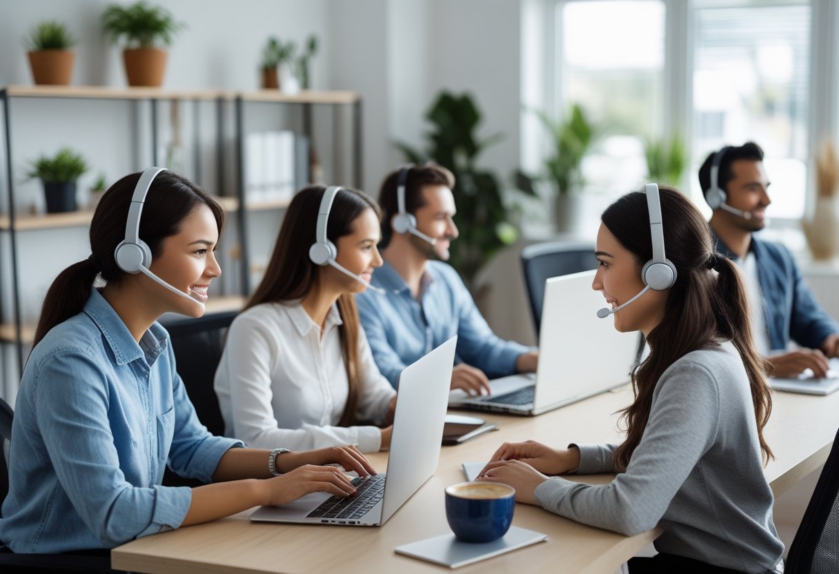 Several people working from home as customer service representatives wearing headsets and using computers in comfortable home office settings.