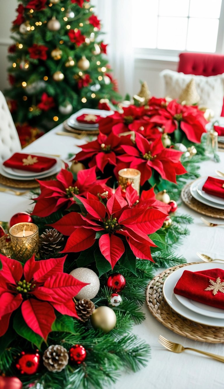 A festive table adorned with poinsettia floral arrangements and various Christmas decor items