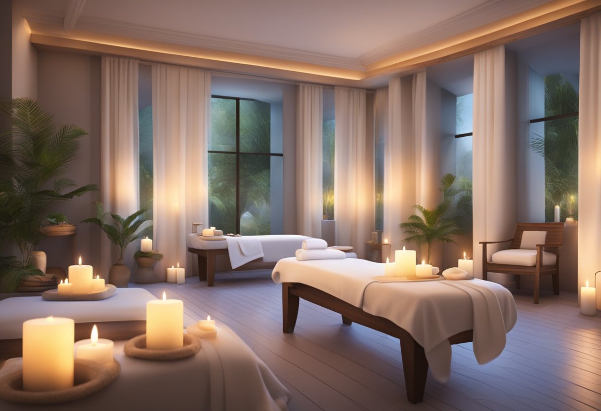 A serene spa room with two massage tables adorned with fluffy white towels and surrounded by soft candlelight. Aromatherapy scents fill the air, creating a peaceful and relaxing atmosphere