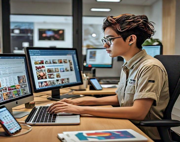 A person sitting at a desk with multiple computers<br />
<br />
Description automatically generated