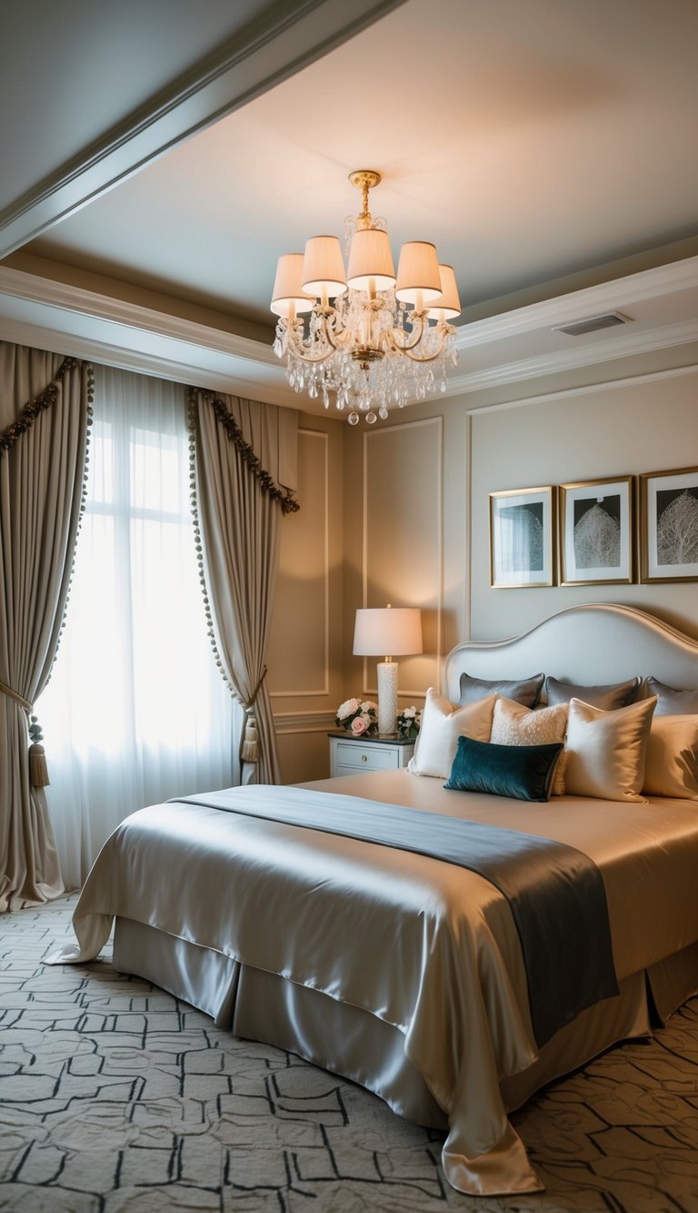 A luxurious master bedroom with satin bed sheets, soft lighting, and romantic decor